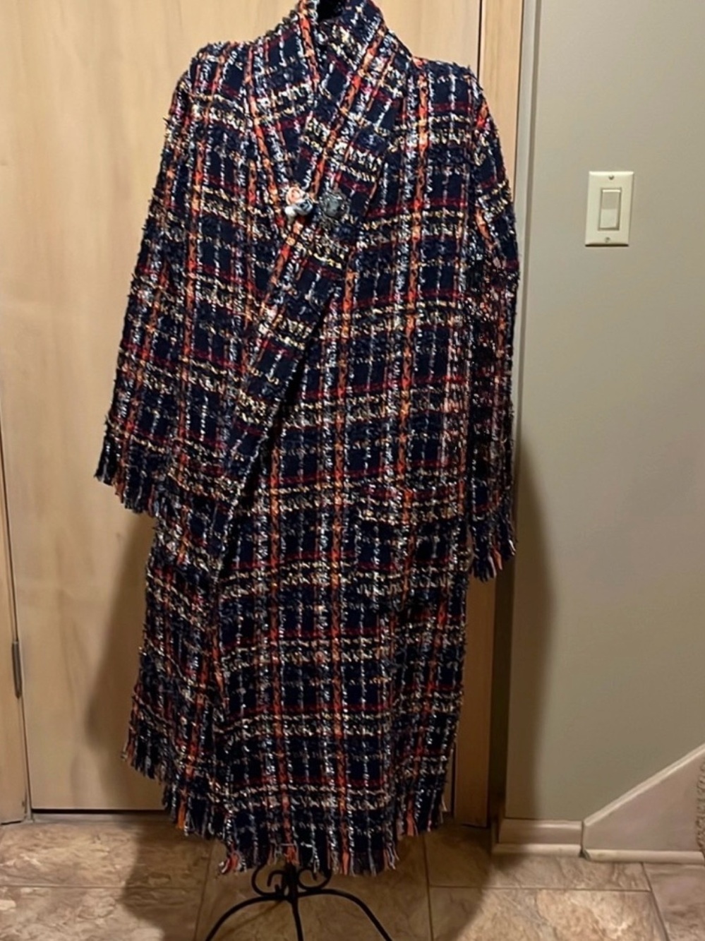 Aratta Multi-Color Fringe Plaid Tweed Trench Coat